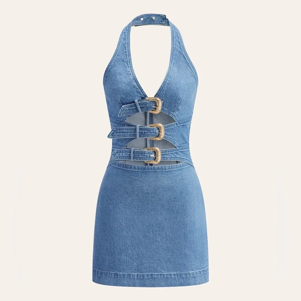 Commense Denim Buckle Dress - Picture 3 of 12